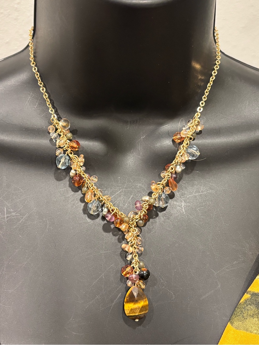 Avon Gold-Tone Multi-Bead Y Necklace with Amber Teardrop